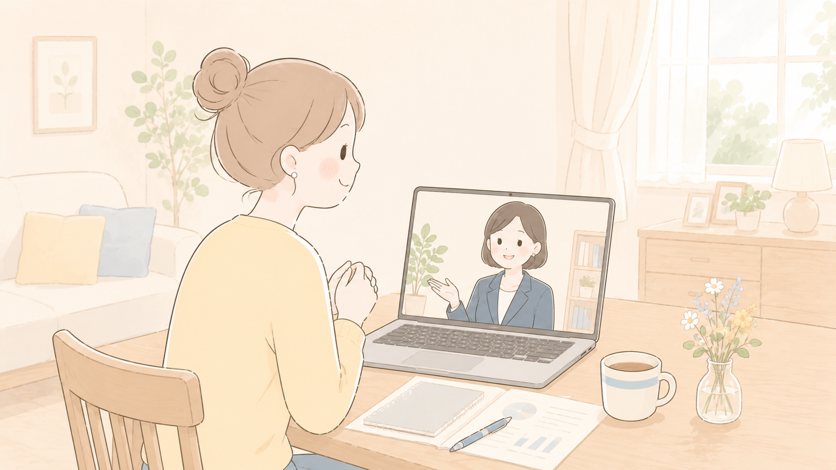 自宅リビングでノートパソコン越しにFPとオンライン相談をしている女性のイラスト