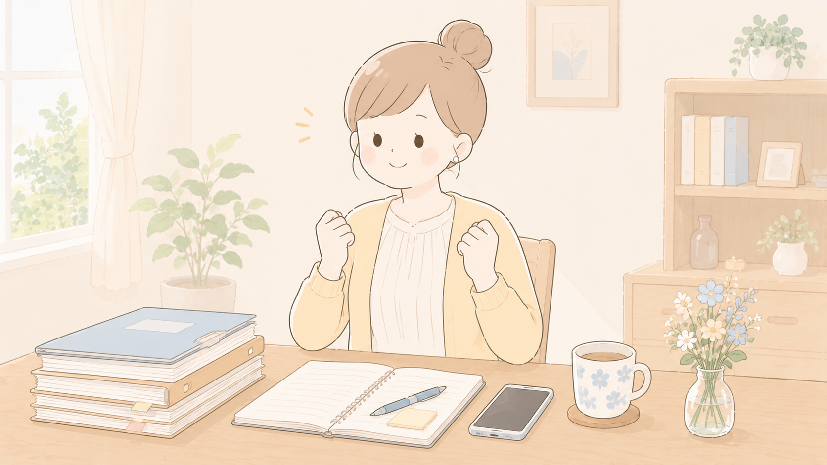 机の上に書類・ノート・スマホを並べてにこやかに相談準備をしている女性のイラスト