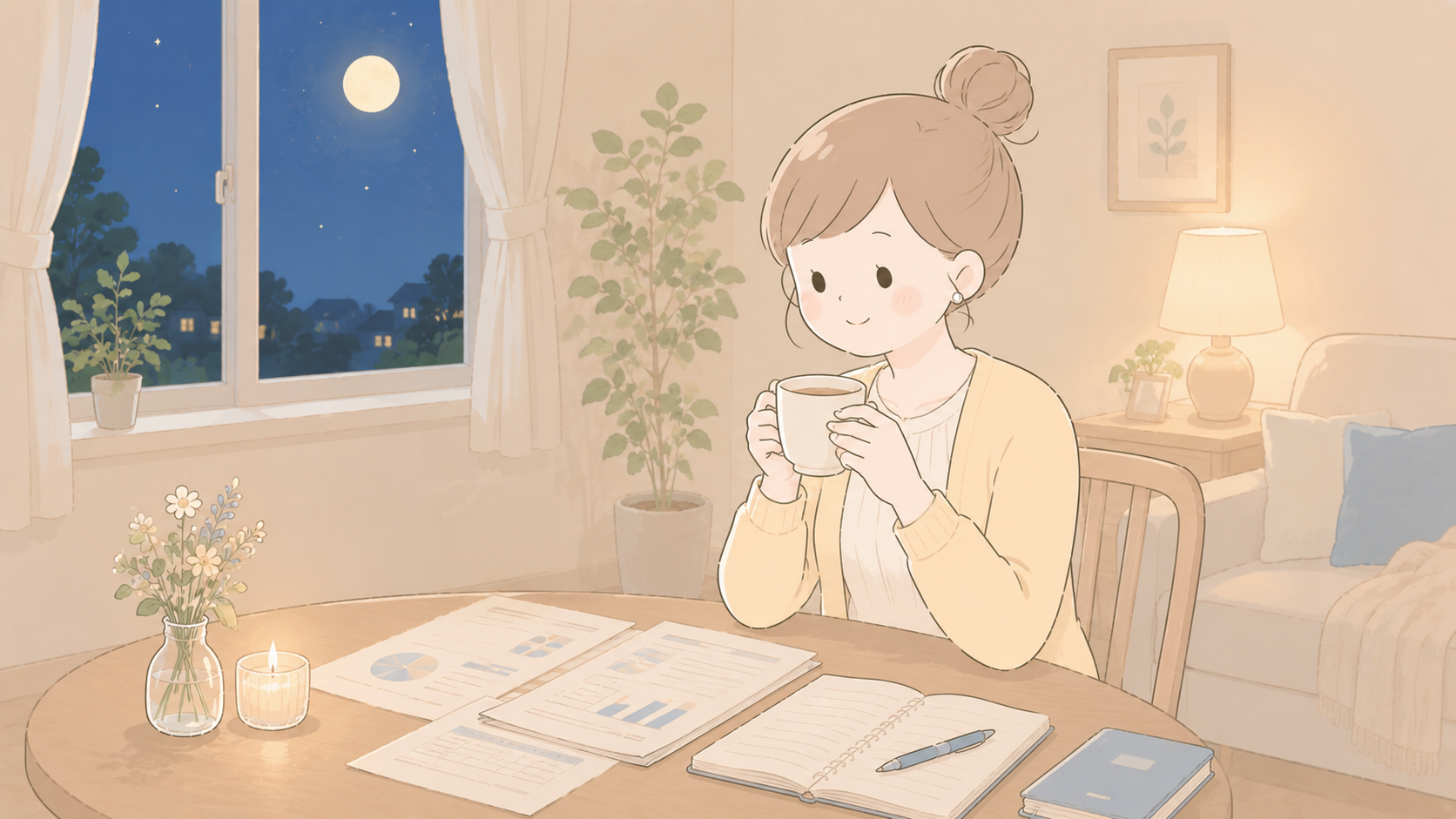 夜のリビングで温かい飲み物を持ちながら書類をじっくり眺めている女性のイラスト