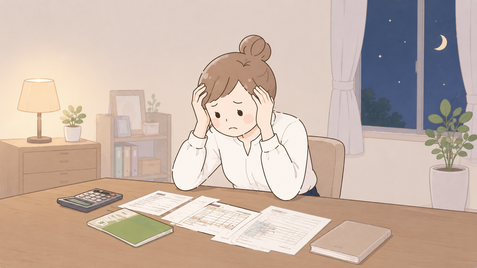 お金の不安で夜眠れず、机で頭を抱える女性