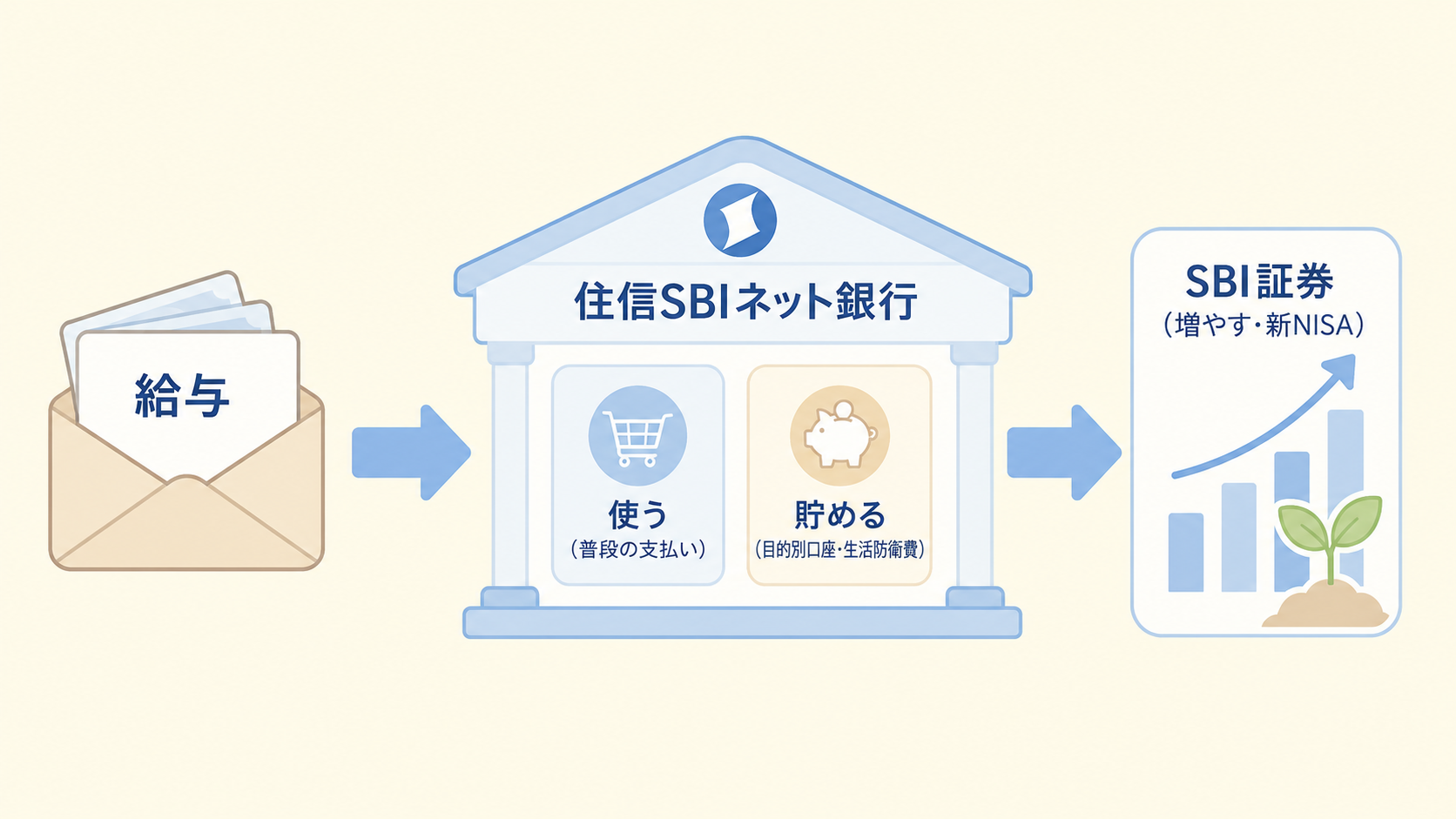 給与を住信SBIネット銀行で受け取り、使うお金と貯めるお金に分け、SBI証券（新NISA）で増やすお金の流れの図解
