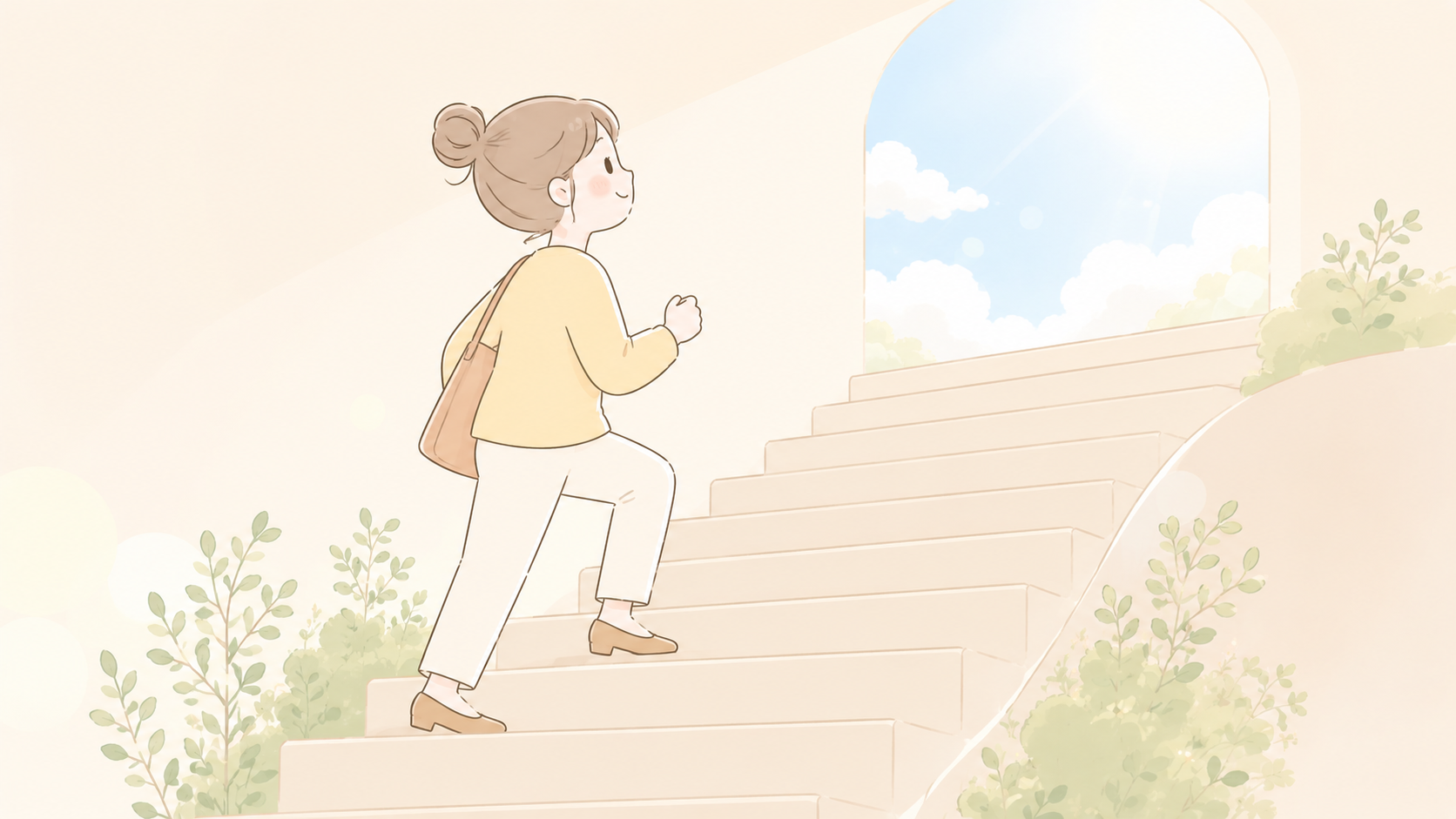 明るい表情で階段を一歩ずつ上っている女性のイラスト