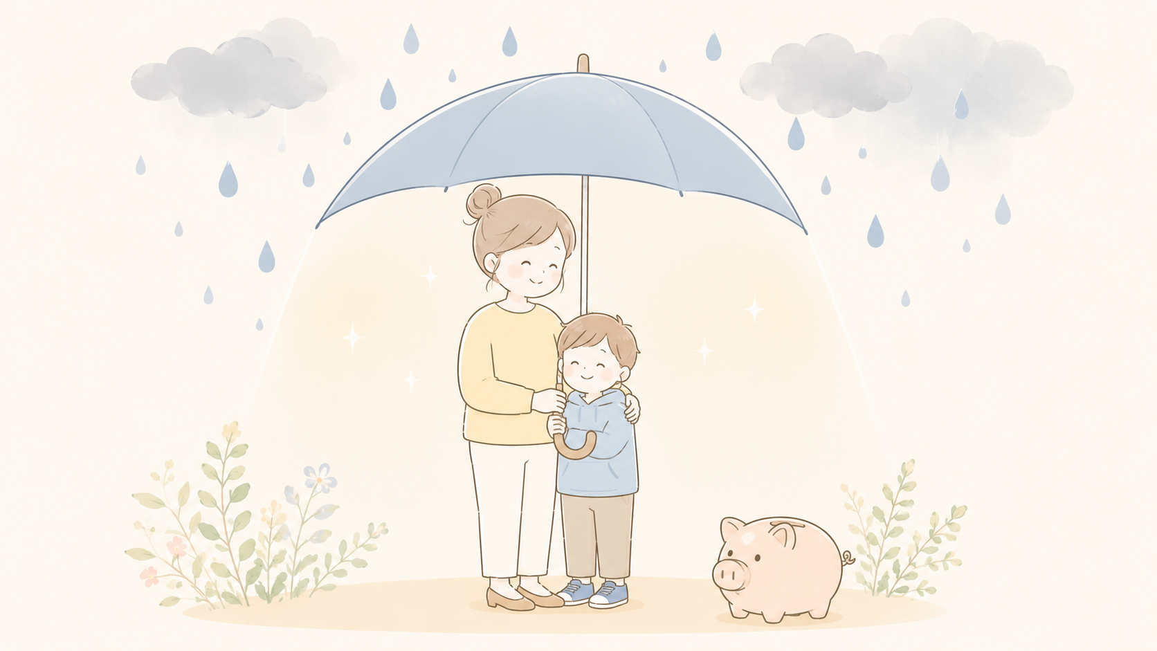 大きな傘の下で子どもと一緒に安心した表情で立つ女性と貯金箱のイラスト
