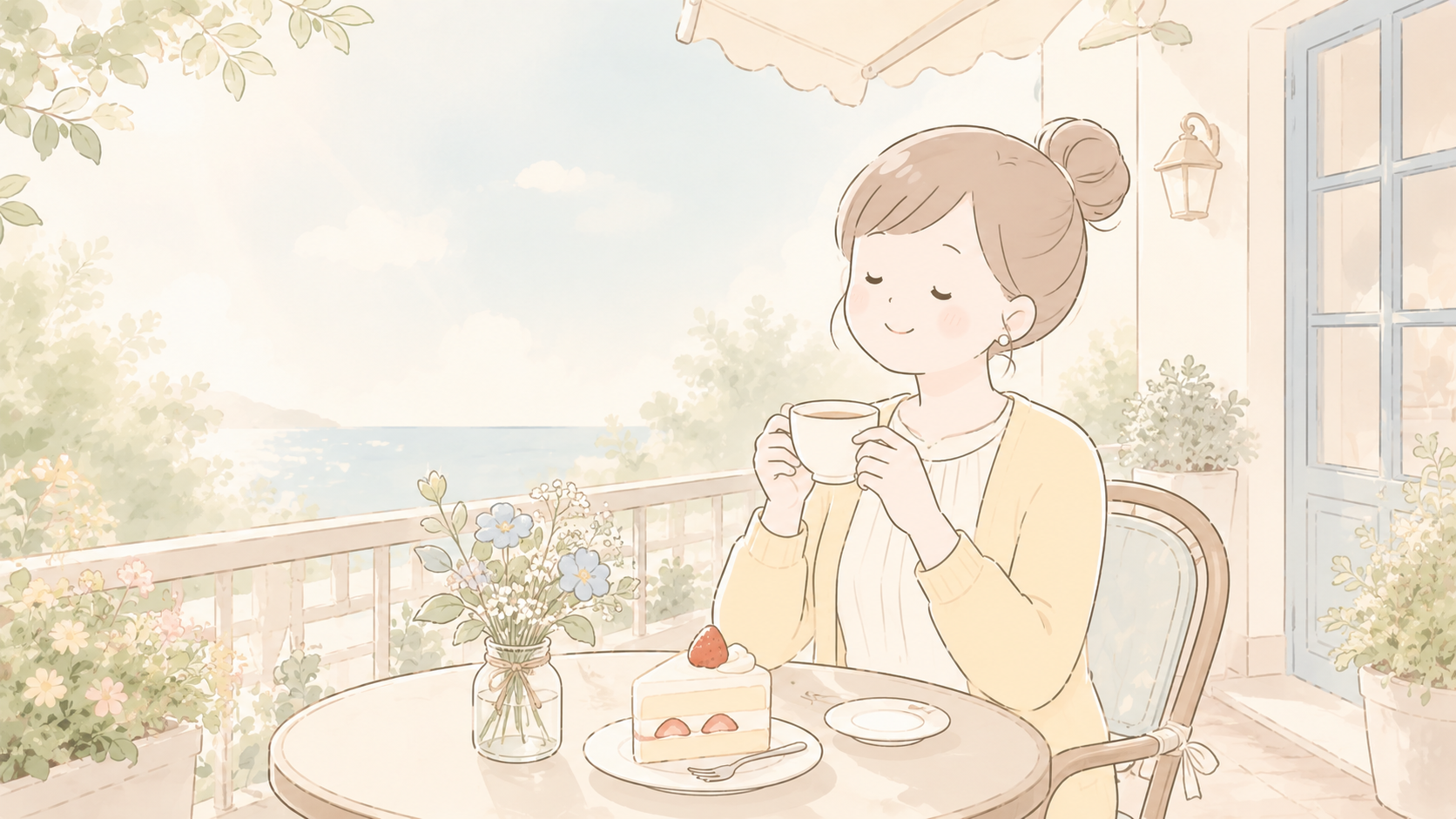 カフェのテラスでお茶とケーキを楽しみリラックスして微笑む女性のイラスト